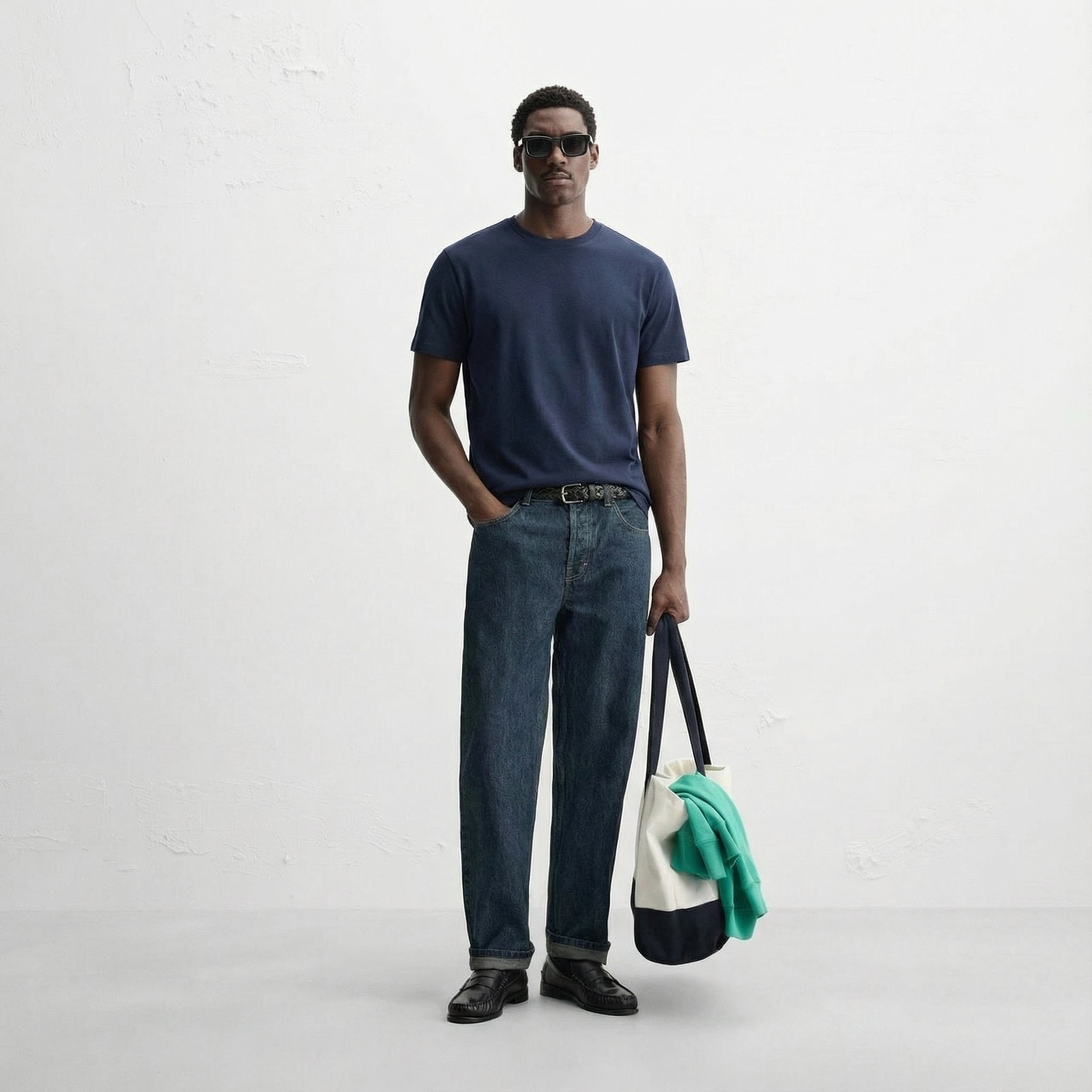 Man wearing a navy t-shirt and jeans, holding a bag with a white and green design on a plain background